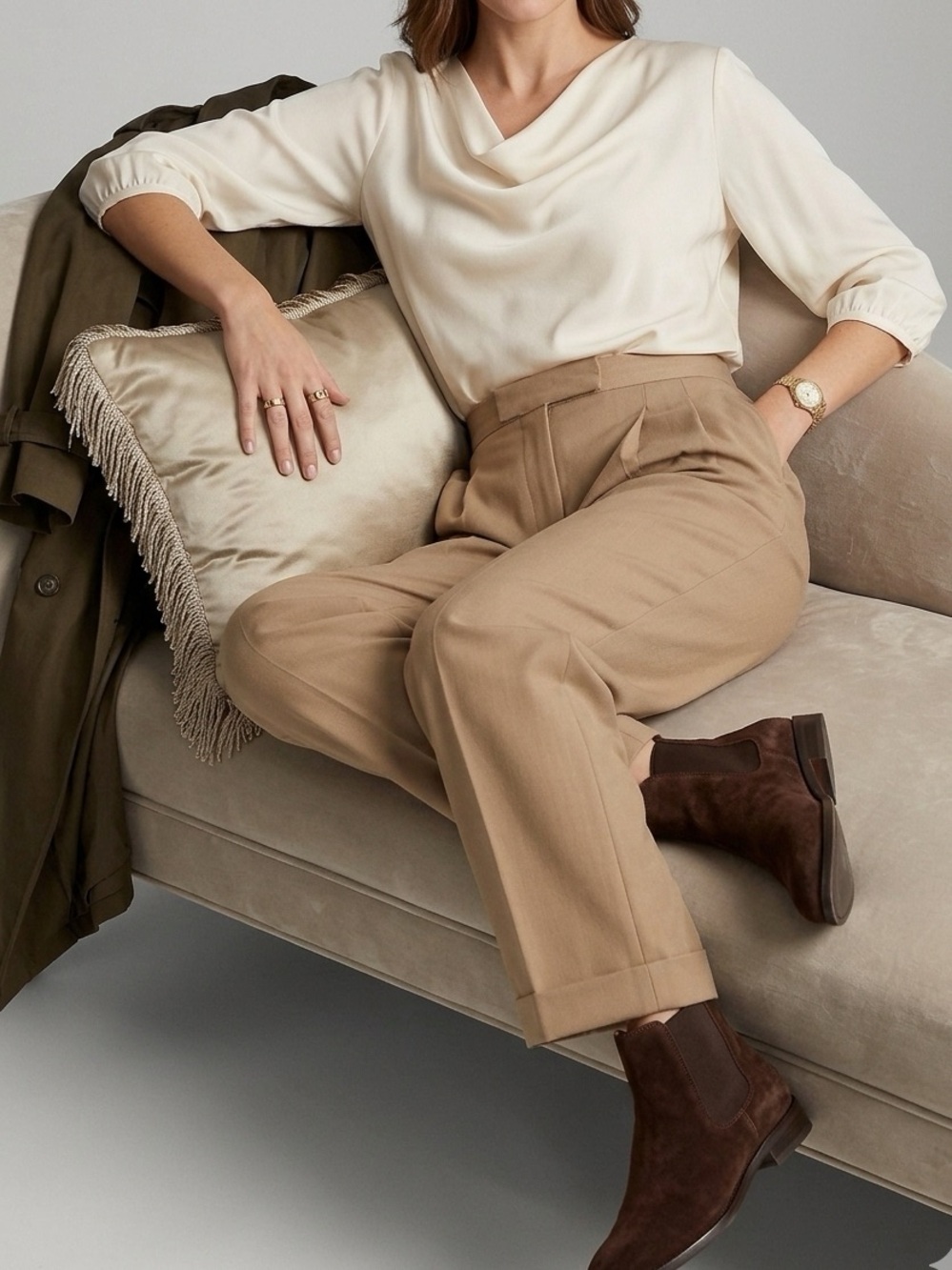 Vintage 90s Ralph Lauren Collection Camel Wool Pleated Cuffed Trousers USA Sz 12